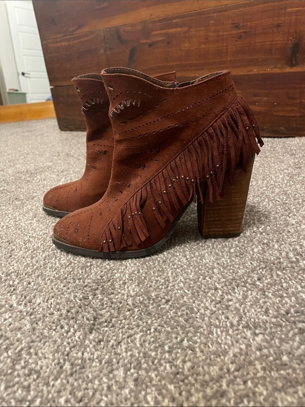 Fringed Suede Ankle Booties - Rust Brown - Picture 4 of 8